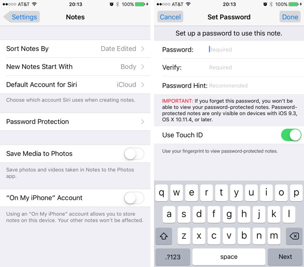 iOS 9.3 - Notes-Password