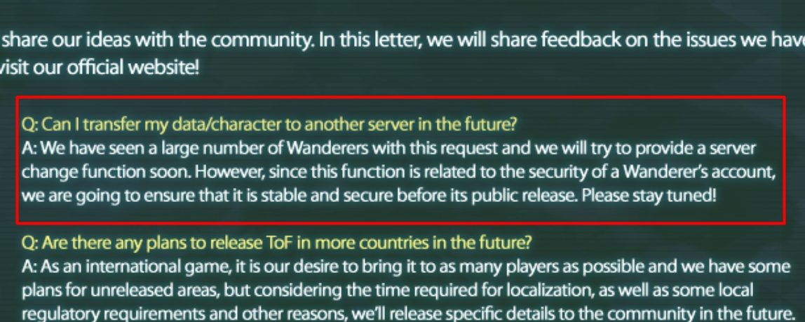 Tower of Fantasy Server Change