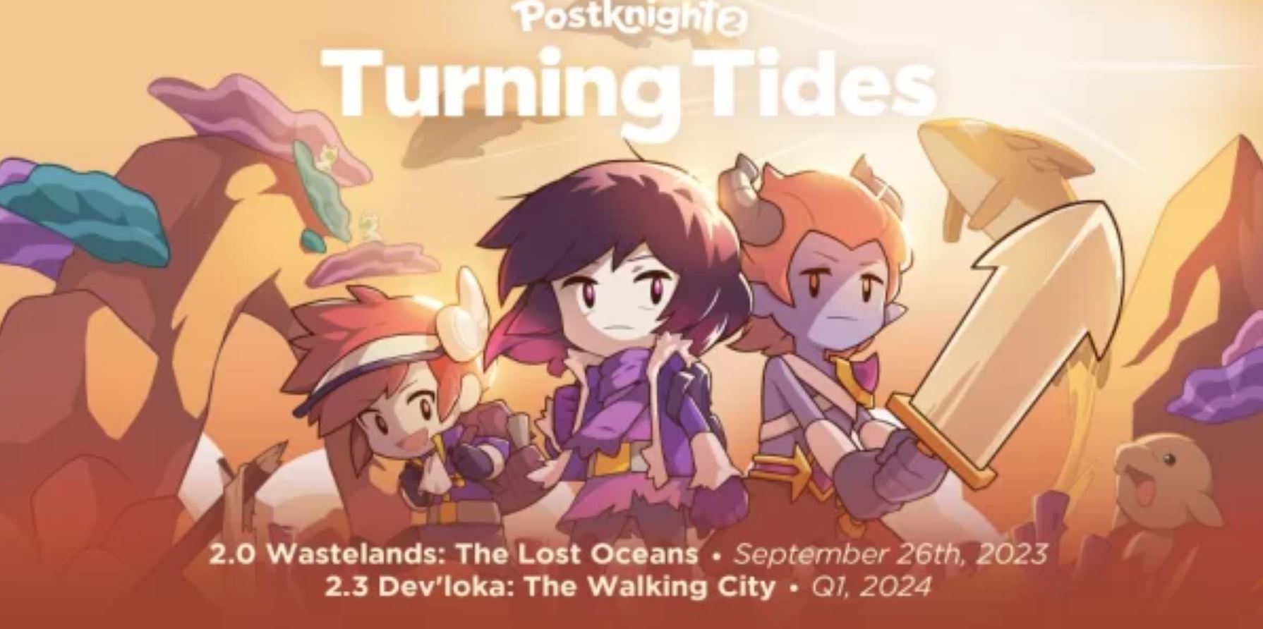 Prepare yourselves, brave adventurers! Kurechii, the creative minds behind Postknight 2, has just dropped a bombshell announcement that's set to make your gaming experience even more thrilling. They're rolling out a massive content update titled "Turning Tides," and it promises to be an absolute game-changer. Get ready to embark on new journeys, face formidable foes, and explore uncharted territories in the world of Postknight 2. This update is so monumental that it's being rolled out in two separate patches. The first installment, known as "version 2.0 Wastelands: The Lost Ocean," is scheduled to hit your screens on September 26th. But that's not all; the excitement doesn't stop there. The second part, "version 2.3, Dev’loka: The Walking City," is set to arrive in Q1 2024. It's a whole new chapter in the Postknight 2 saga, and it's coming your way soon. But that's not all; the Turning Tides update also brings great news for language enthusiasts. When this patch is unleashed, Postknight 2 will be playable in even more languages, making the game accessible to a broader audience. Postknight 2 Updates Comes with Tons of Rewards! As if that weren't exciting enough, in celebration of this monumental update, players can look forward to a bounty of rewards. Coins, Crystal Gems, and other treasures will be generously bestowed upon all players over the next two weeks. It's time to gear up for the ultimate adventure! A mysterious relic lies hidden deep within the blazing heat of the Helix desert. Guarded by the formidable Wyords, a dragon-like race armed with guns and knives, this relic is the focal point of your quest. But you won't be embarking on this perilous journey alone. Joining you are the enigmatic Postknight Raz, the passionate Almond, and Rho’don, the idealistic Wyord Wayfinder. Together, you'll brave the unforgiving wastelands, uncovering the artifact and unearthing the secrets of Helix's history. As you navigate this treacherous region, you'll discover not only the hidden truths of your world but also unexpected revelations about yourselves. The Turning Tides update is more than just a new adventure. It also reintroduces the Division Campaign from the original game, complete with fresh mechanics that allow you to expand your squad by hiring Team Recruits. This means more tactical gameplay and strategic depth. Additionally, the update includes a plethora of quality-of-life enhancements, user interface and user experience improvements, and the ability to proudly display your rank in your online profile. So check out Postknight 2 right now in Android Google Play Store and iOS App Store.