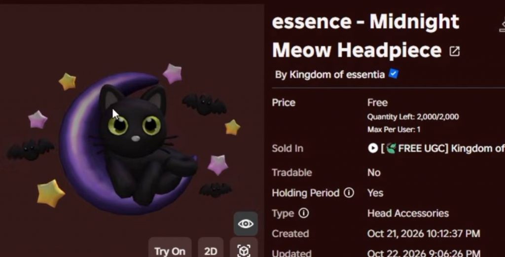 How to Get 2 Free Limited Roblox UGC Items in Essence: Midnight Meow Headpiece and Halloween Skirt