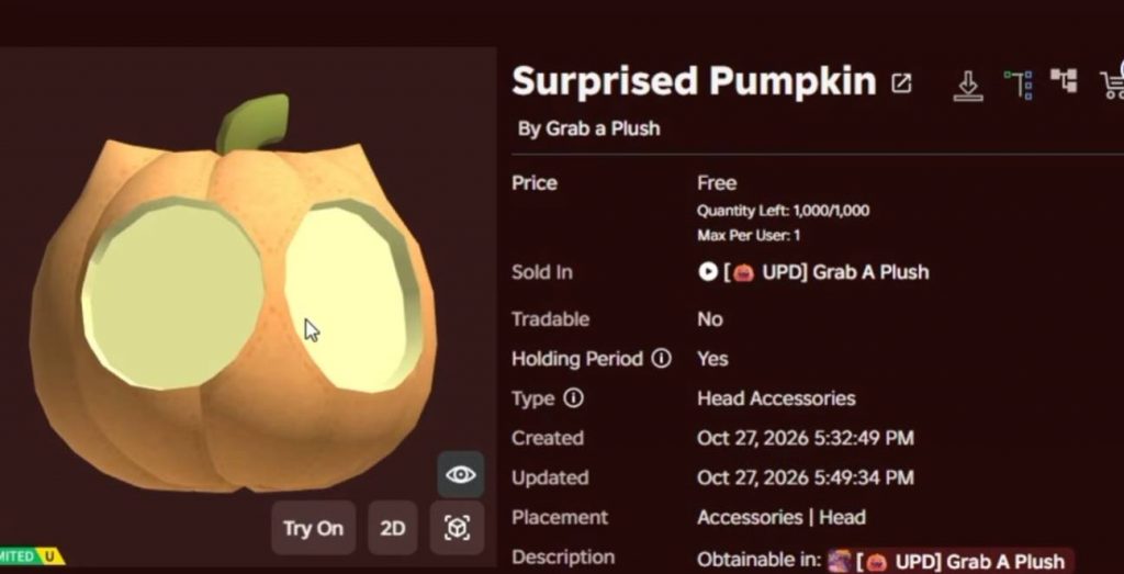 How to Get the Surprised Pumpkin UGC for Free in Roblox Grab a Plush